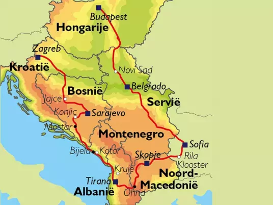 Kaart Hongarije Kroatië Servië Montenegro Macedonië en Albanië - rr Grand Tour Balkan BROE05