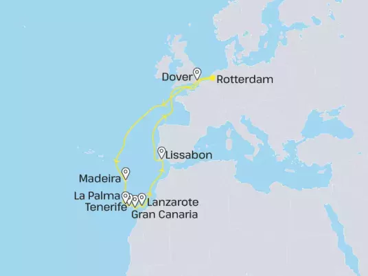 Kaart zeecruise Canarische eilanden met Madeira en Lissabon