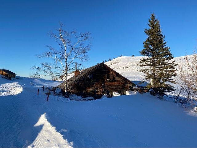 An alpine mountain cabin at the Postalm mountain plateau within the Salzkammergut region of Austria during winter
