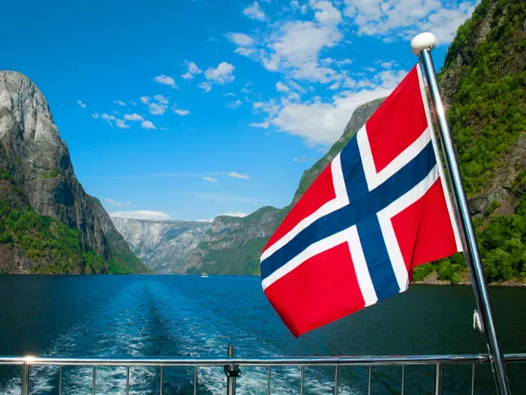 De vlag van Noorwegen op de boot bij Naeroyfjord